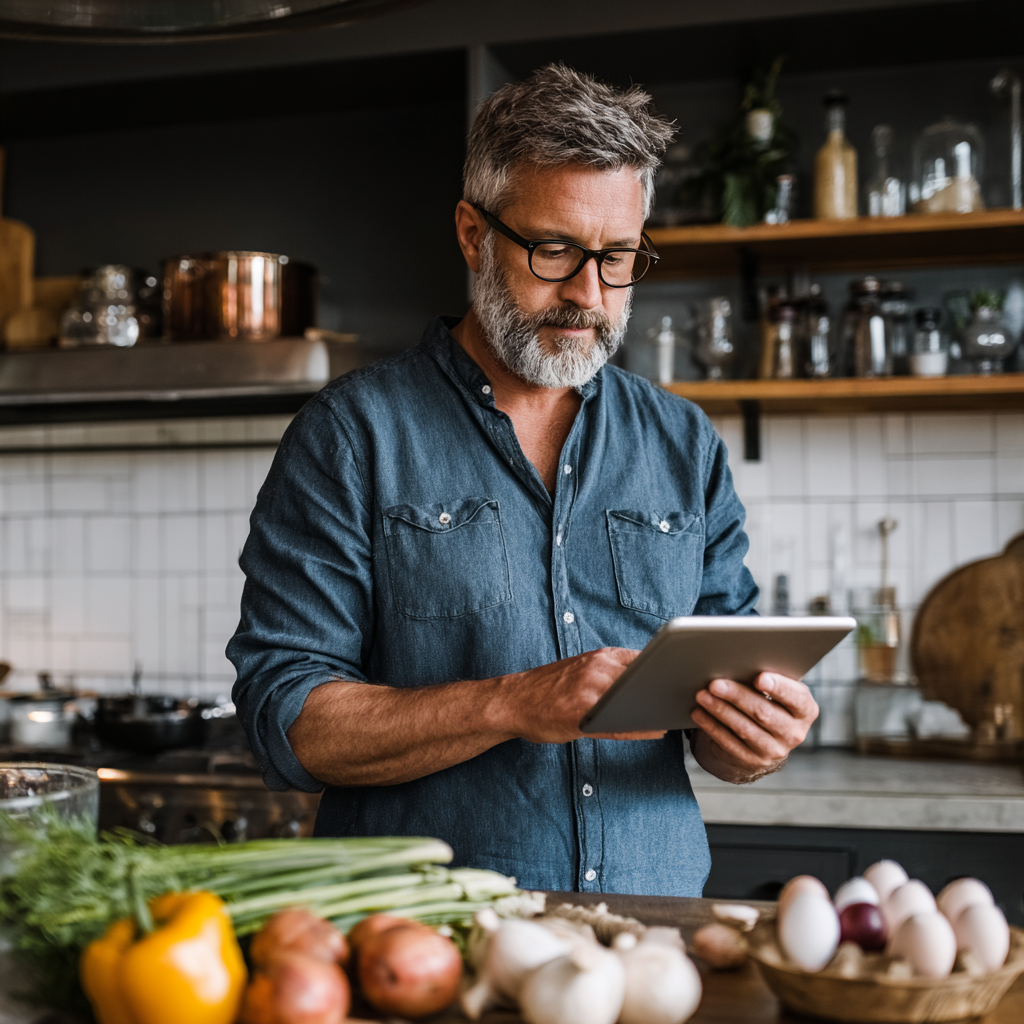 Middle-aged person reviewing personalized meal plan on tablet while cooking in contemporary kitchen